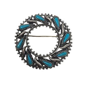 NYT Silver Tone Faux Turquoise Brooch Southwest Style Signed